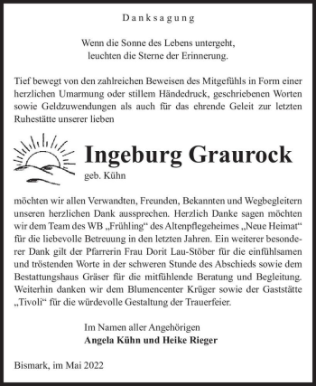 Traueranzeige von Ingeburg Graurock (geb. Kühn)  von Magdeburger Volksstimme