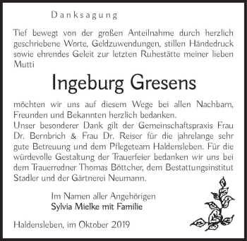 Traueranzeige von Ingeburg Gresens  von Magdeburger Volksstimme