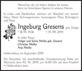 Traueranzeige von Ingeburg Gresens (geb. Deliga)  von Magdeburger Volksstimme