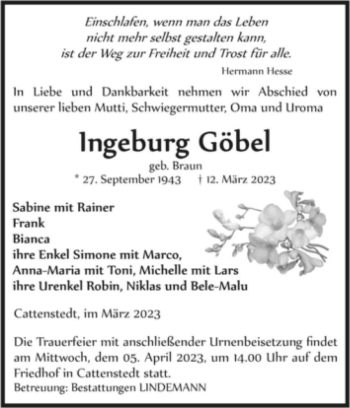 Traueranzeige von Ingeburg Göbel von Magdeburger Volksstimme