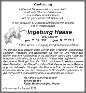 Traueranzeige von Ingeburg Haase (geb. Laatzen)  von Magdeburger Volksstimme
