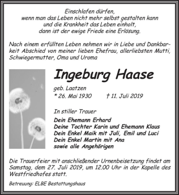 Traueranzeige von Ingeburg Haase (geb. Laatzen)  von Magdeburger Volksstimme