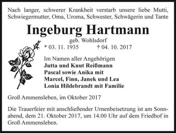 Traueranzeige von Ingeburg Hartmann (geb. Wohlsdorf)  von Magdeburger Volksstimme
