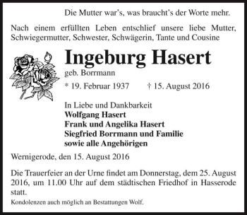 Traueranzeige von Ingeburg Hasert (geb. Borrmann)  von Magdeburger Volksstimme