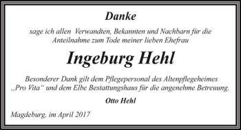 Traueranzeige von Ingeburg Hehl  von Magdeburger Volksstimme