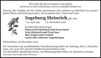 Traueranzeige von Ingeburg Heinrich (geb. Aris)  von Magdeburger Volksstimme