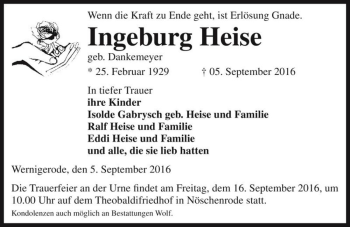 Traueranzeige von Ingeburg Heise (geb. Dankemeyer)  von Magdeburger Volksstimme