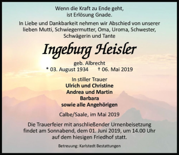 Traueranzeige von Ingeburg Heisler (geb. Albrecht)  von Magdeburger Volksstimme