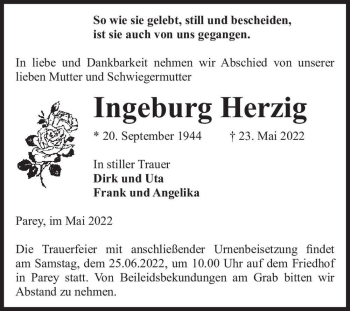 Traueranzeige von Ingeburg Herzig  von Magdeburger Volksstimme