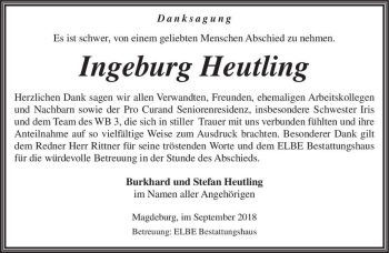 Traueranzeige von Ingeburg Heutling  von Magdeburger Volksstimme