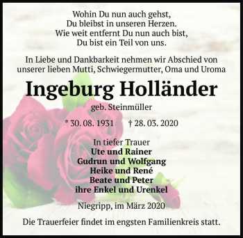 Traueranzeige von Ingeburg Holländer (geb. Steinmüller)  von Magdeburger Volksstimme