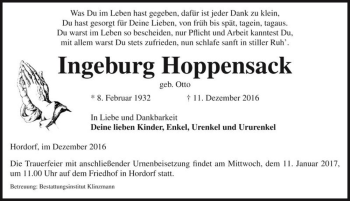 Traueranzeige von Ingeburg Hoppensack (geb. Otto)  von Magdeburger Volksstimme