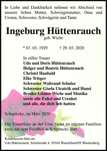 Traueranzeige von Ingeburg Hüttenrauch (geb. Wiche)  von Magdeburger Volksstimme