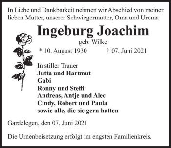 Traueranzeige von Ingeburg Joachim (geb. Wilke)  von Magdeburger Volksstimme
