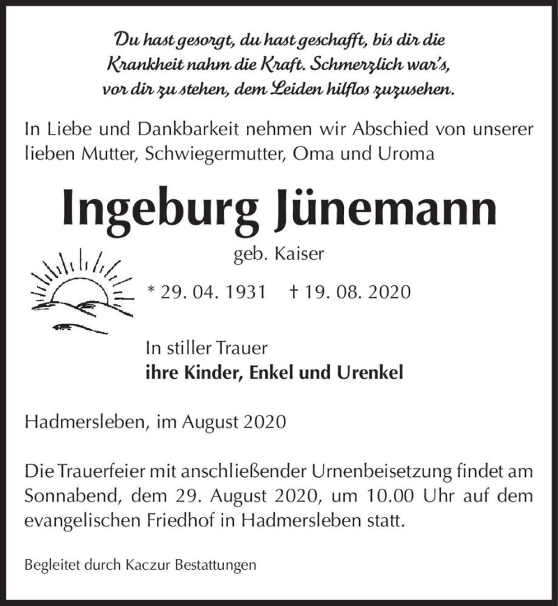  Traueranzeige für Ingeburg Jünemann (geb. Kaiser)  vom 25.08.2020 aus Magdeburger Volksstimme