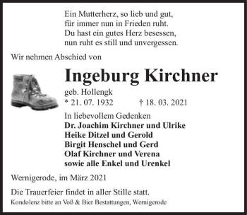 Traueranzeige von Ingeburg Kirchner (geb. Hollengk)  von Magdeburger Volksstimme