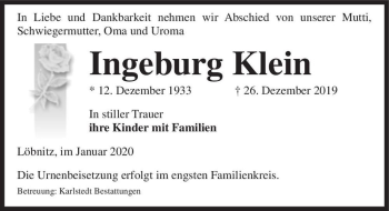 Traueranzeige von Ingeburg Klein  von Magdeburger Volksstimme