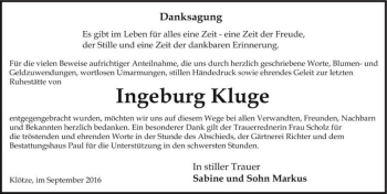 Traueranzeige von Ingeburg Kluge  von Magdeburger Volksstimme