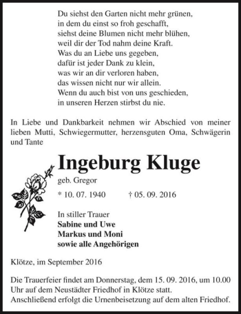 Traueranzeige von Ingeburg Kluge (geb. Gregor)  von Magdeburger Volksstimme