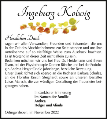 Traueranzeige von Ingeburg Kolwig  von Magdeburger Volksstimme