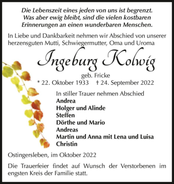 Traueranzeige von Ingeburg Kolwig (geb. Fricke)  von Magdeburger Volksstimme