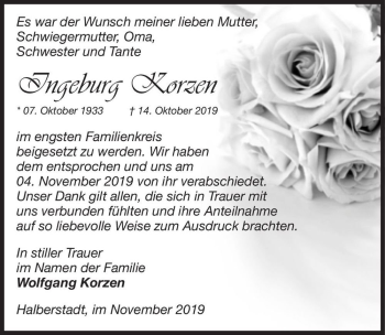 Traueranzeige von Ingeburg Korzen  von Magdeburger Volksstimme