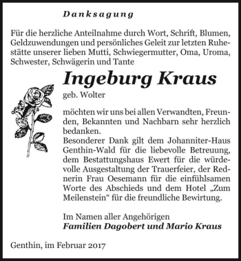 Traueranzeige von Ingeburg Kraus (geb. Wolter)  von Magdeburger Volksstimme