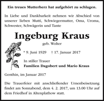 Traueranzeige von Ingeburg Kraus (geb. Wolter)  von Magdeburger Volksstimme