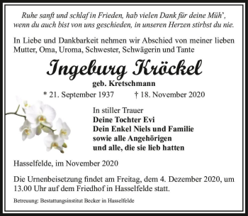 Traueranzeige von Ingeburg Kröckel (geb. Kretschmann)  von Magdeburger Volksstimme