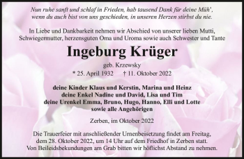 Traueranzeige von Ingeburg Krüger (geb. Krzewsky)  von Magdeburger Volksstimme