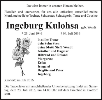 Traueranzeige von Ingeburg Kulohsa (geb. Wendt)  von Magdeburger Volksstimme