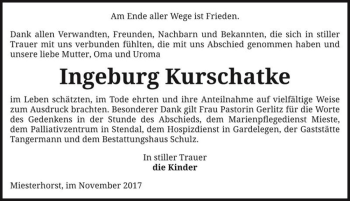 Traueranzeige von Ingeburg Kurschatke  von Magdeburger Volksstimme