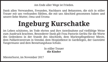 Traueranzeige von Ingeburg Kurschatke  von Magdeburger Volksstimme