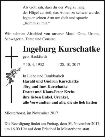 Traueranzeige von Ingeburg Kurschatke (geb. Hackfurth)  von Magdeburger Volksstimme