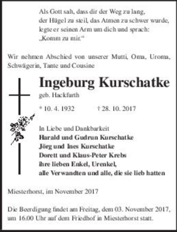 Traueranzeige von Ingeburg Kurschatke (geb. Hackfurth)  von Magdeburger Volksstimme