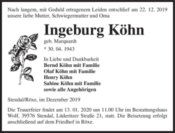 Traueranzeige von Ingeburg Köhn (geb. Marquardt)  von Magdeburger Volksstimme