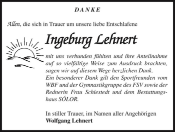 Traueranzeige von Ingeburg Lehnert  von Magdeburger Volksstimme