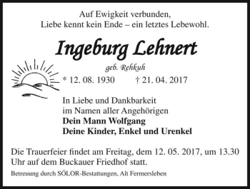 Traueranzeige von Ingeburg Lehnert (geb. Rehkuh)  von Magdeburger Volksstimme