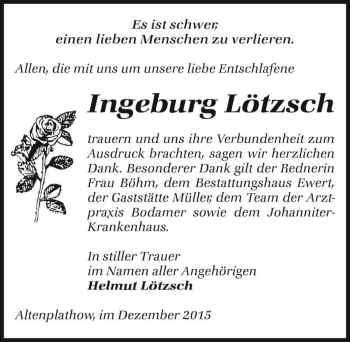 Traueranzeige von Ingeburg Lötzsch  von Magdeburger Volksstimme
