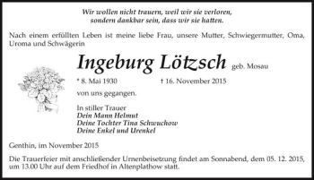 Traueranzeige von Ingeburg Lötzsch (geb. Mosau)  von Magdeburger Volksstimme