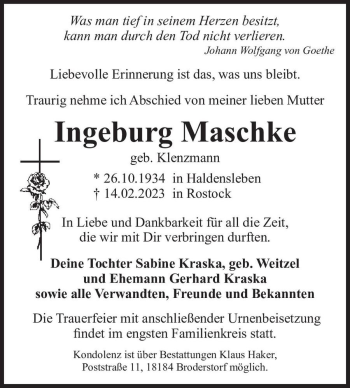 Traueranzeige von Ingeburg Maschke (geb. Klenzmann)  von Magdeburger Volksstimme