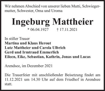 Traueranzeige von Ingeburg Mattheier  von Magdeburger Volksstimme