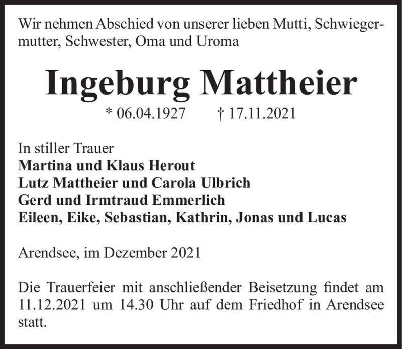  Traueranzeige für Ingeburg Mattheier  vom 02.12.2021 aus Magdeburger Volksstimme