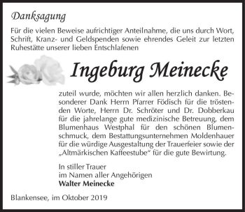 Traueranzeige von Ingeburg Meinecke  von Magdeburger Volksstimme
