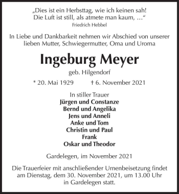 Traueranzeige von Ingeburg Meyer (geb. Hilgendorf)  von Magdeburger Volksstimme