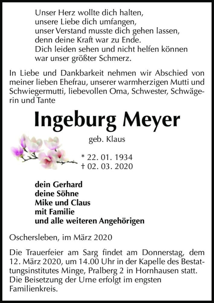  Traueranzeige für Ingeburg Meyer (geb. Klaus)  vom 07.03.2020 aus Magdeburger Volksstimme