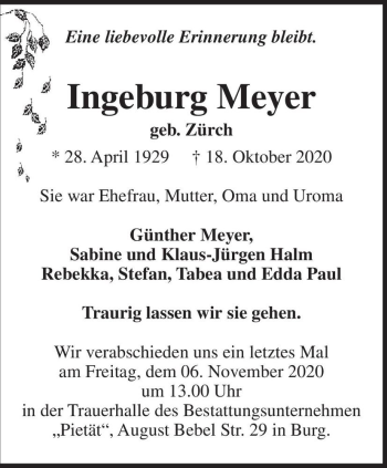 Traueranzeige von Ingeburg Meyer (geb. Zürch)  von Magdeburger Volksstimme