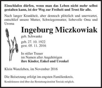 Traueranzeige von Ingeburg Miczkowiak (geb. Schwanke)  von Magdeburger Volksstimme