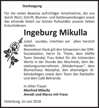 Traueranzeige von Ingeburg Mikulla  von Magdeburger Volksstimme