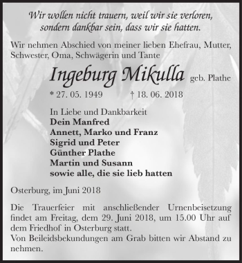 Traueranzeige von Ingeburg Mikulla (geb. Plathe)  von Magdeburger Volksstimme